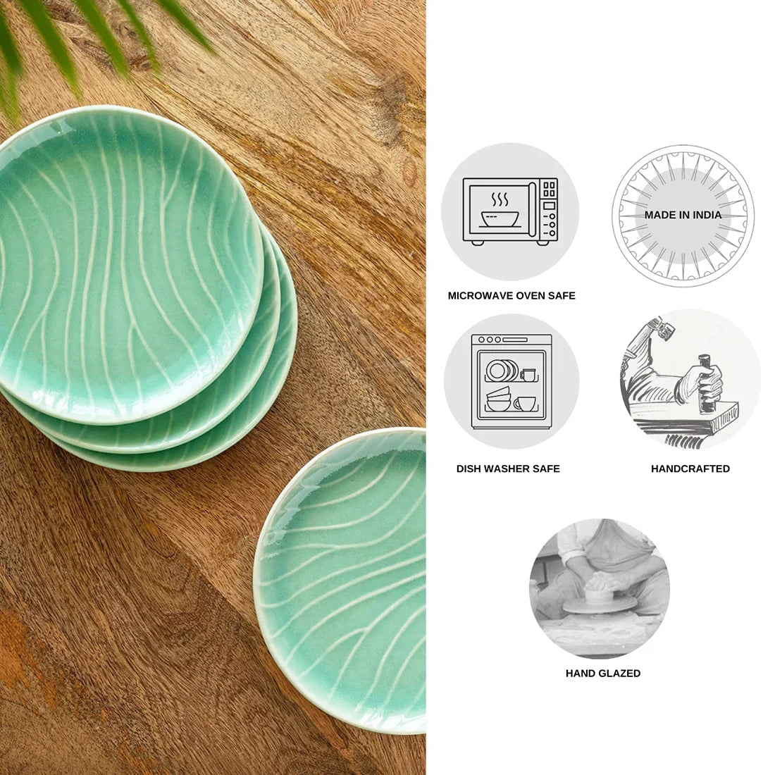 'Carribean Green' Hand Glazed Ceramic Side/Quarter Plates (Set of 4, Microwave Safe, Hand-Etched)