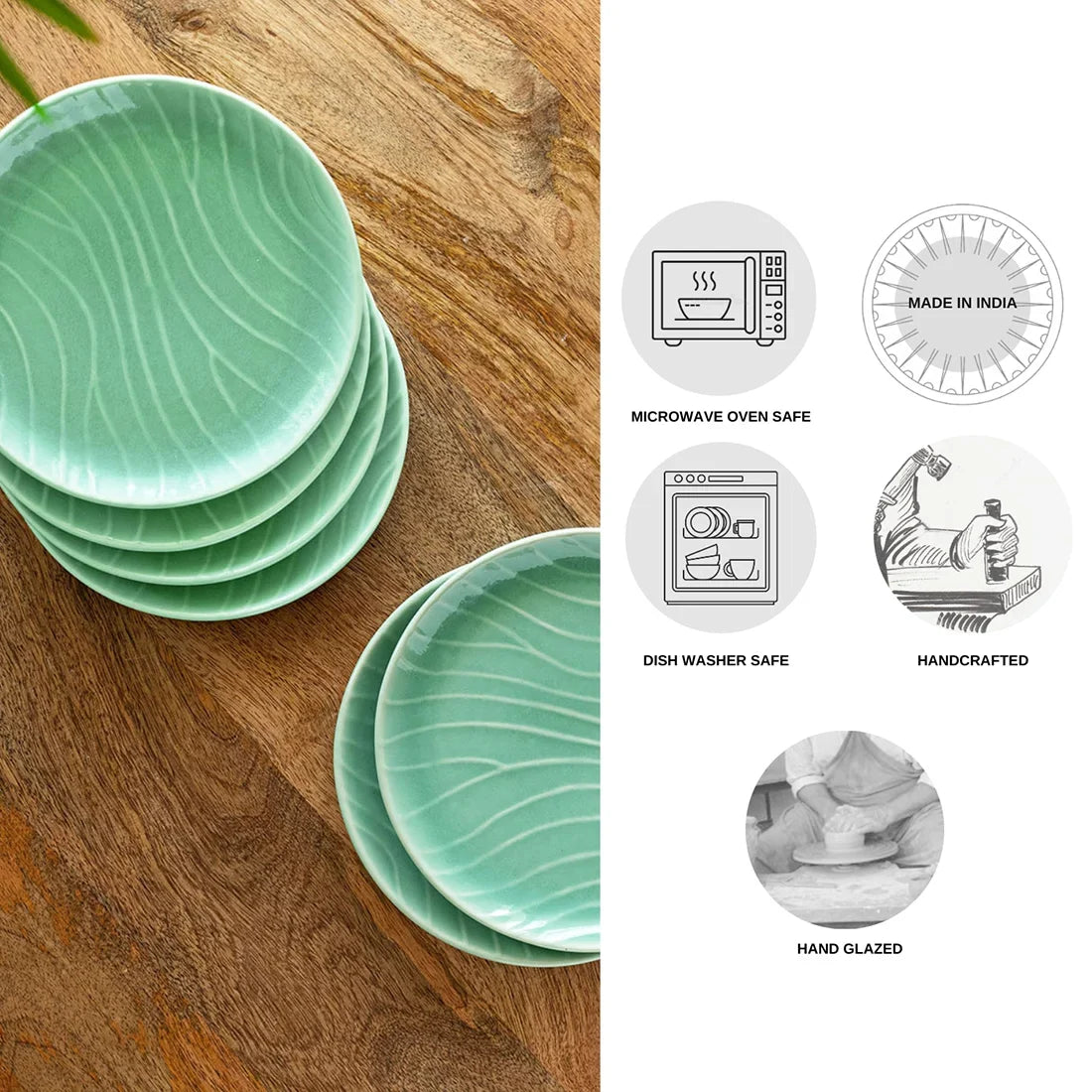'Carribean Green' Hand Glazed Ceramic Side/Quarter Plates (Set of 6, Microwave Safe, Hand-Etched)