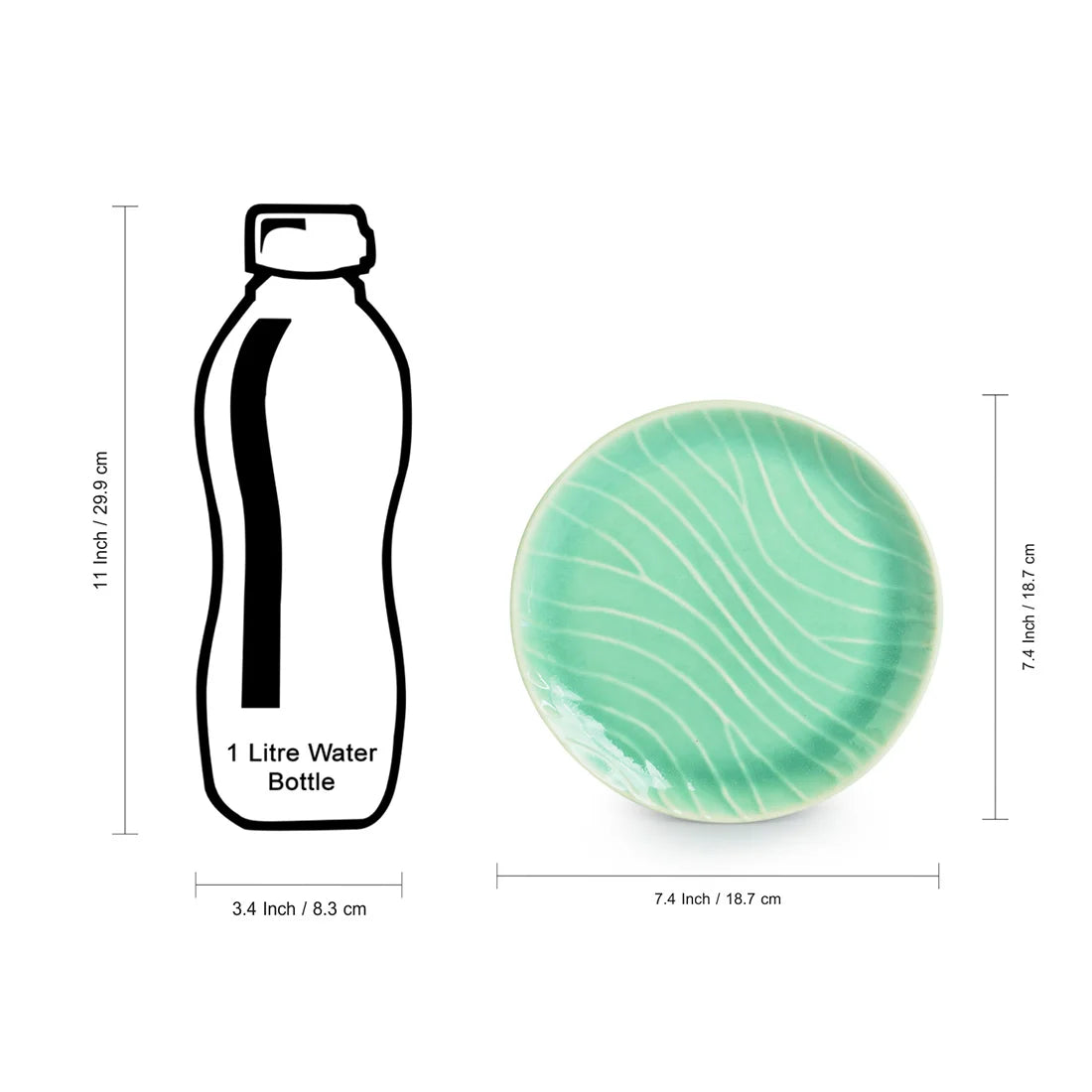 'Carribean Green' Hand Glazed Ceramic Side/Quarter Plates (Set of 6, Microwave Safe, Hand-Etched)