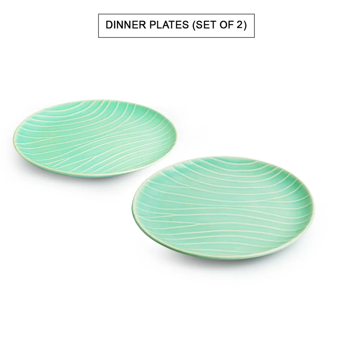 'Caribbean Green' Hand Glazed Ceramic Dinner Plates (Set of 2, Microwave Safe, Hand-Etched)