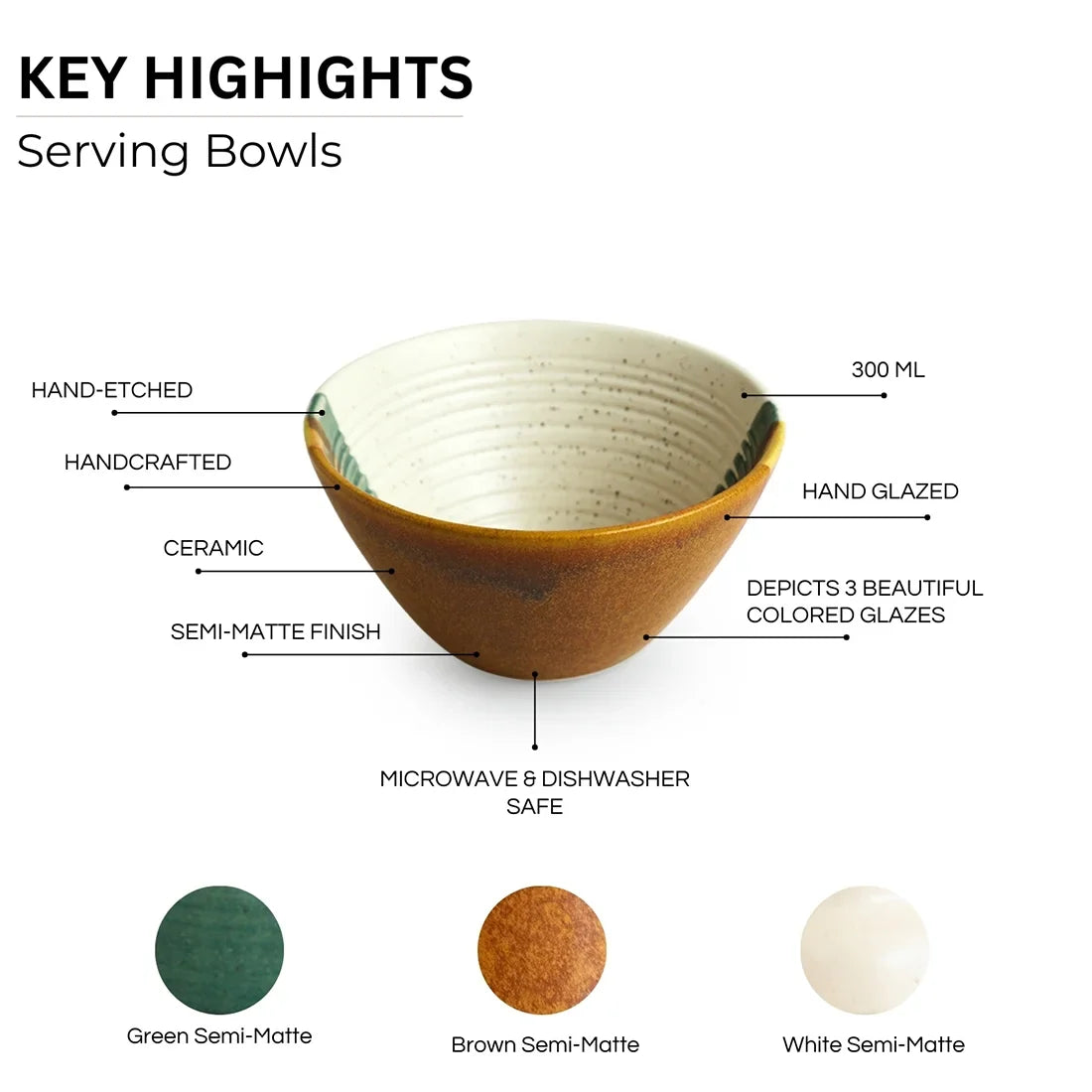 'Zen Garden' Hand Glazed Ceramic Serving Bowls (Set of 2, 300 ml, Microwave Safe)