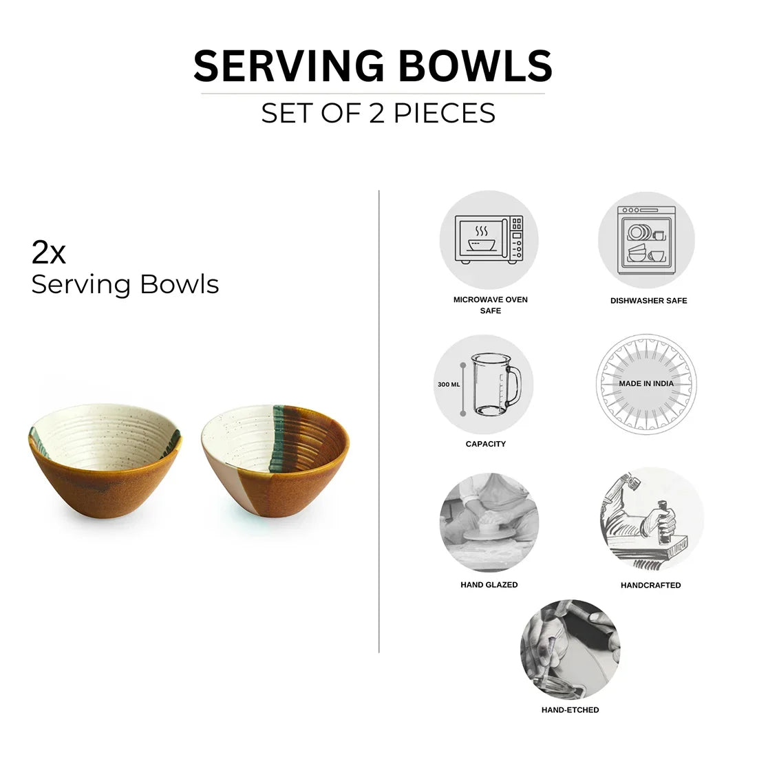'Zen Garden' Hand Glazed Ceramic Serving Bowls (Set of 2, 300 ml, Microwave Safe)