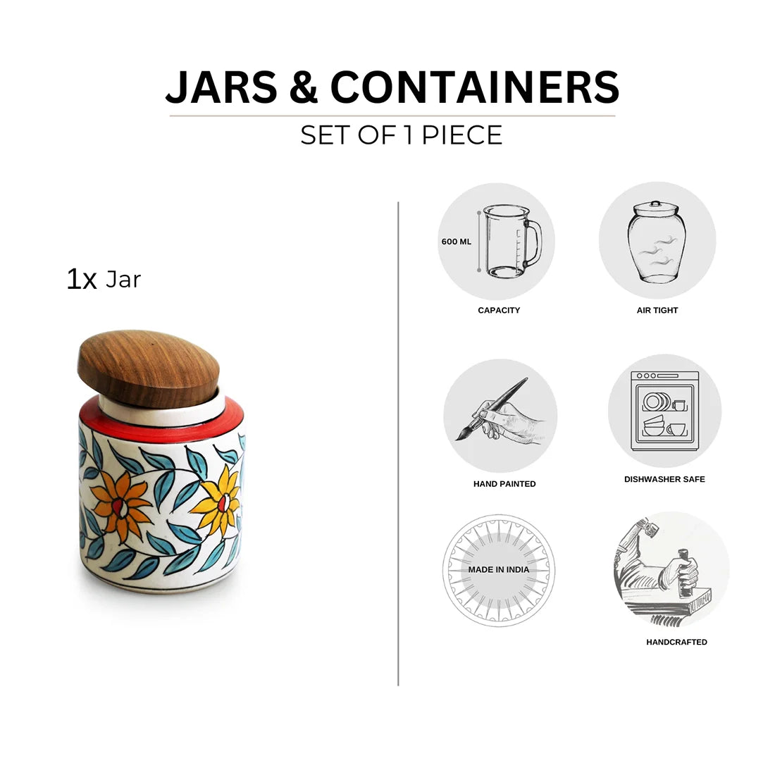 'Persian Floral' Multi-Purpose Storage Jar & Container In Ceramic (Air-Tight, 600 ml, Hand-Painted)