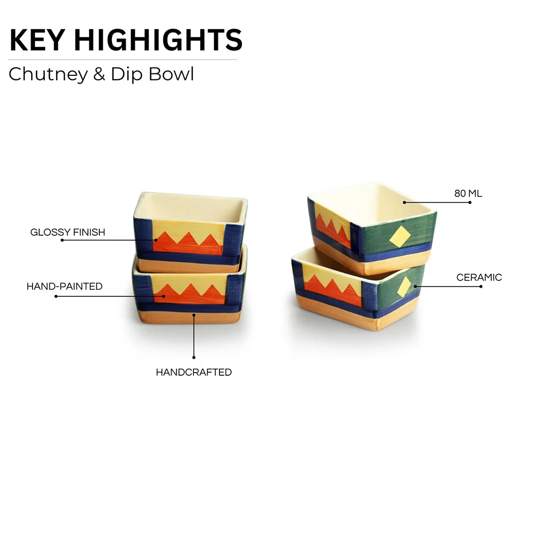 'Geometric Landscape' Hand-Painted Ceramic Chutney & Dip Bowls (Set of 4, 80 ml, Microwave Safe)
