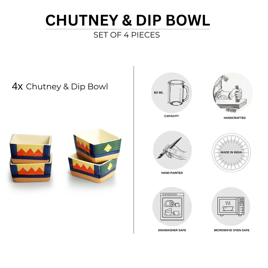 'Geometric Landscape' Hand-Painted Ceramic Chutney & Dip Bowls (Set of 4, 80 ml, Microwave Safe)