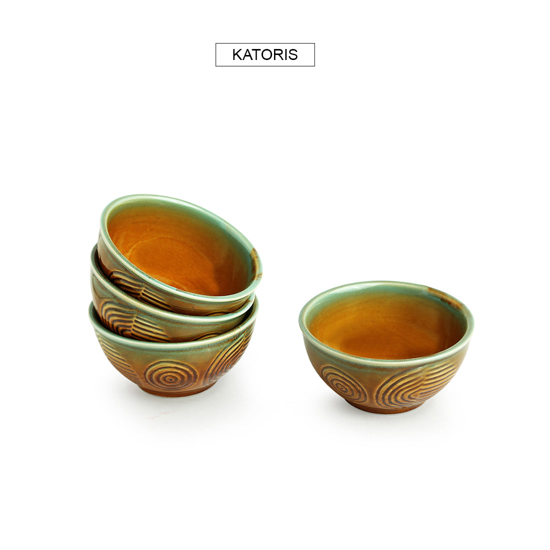 'Peacock Boulevard' Hand-Engraved Ceramic Dining Bowl Katoris (Set of 4, 200 ML, Microwave Safe)