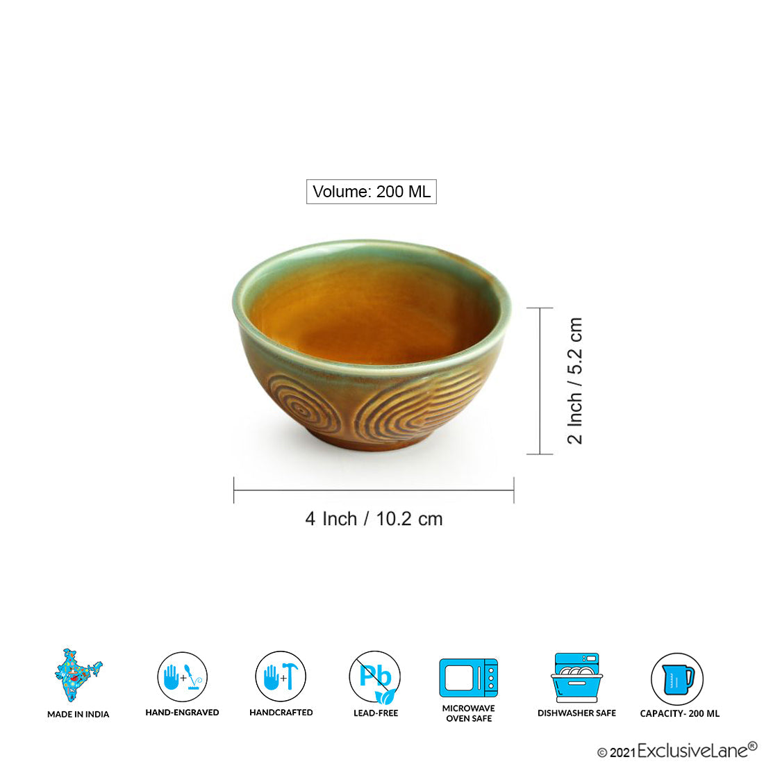 'Peacock Boulevard' Hand-Engraved Ceramic Dining Bowl Katoris (Set of 4, 200 ML, Microwave Safe)