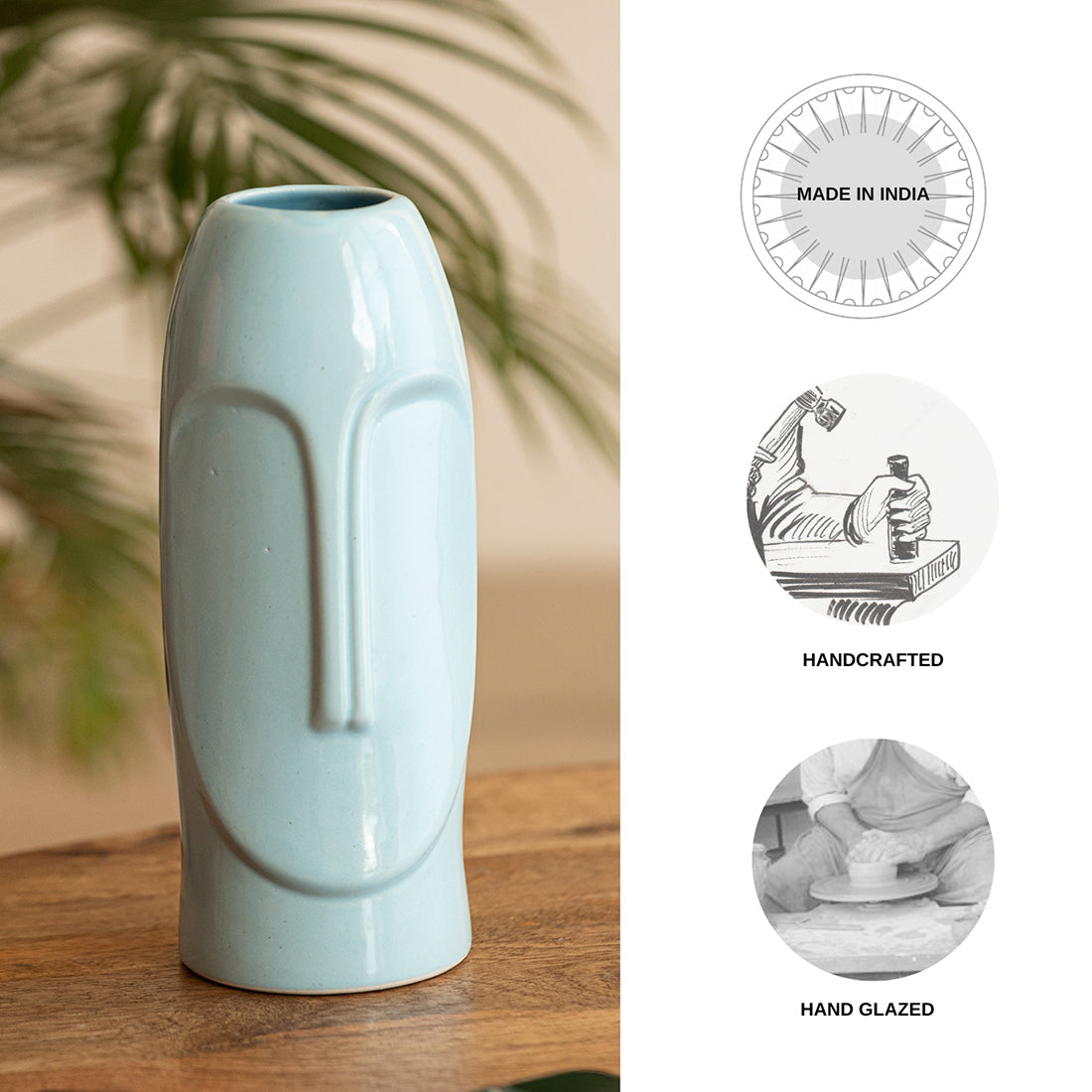 'Tribal Folk Face' Decorative Ceramic  Vase (Handglazed, 26.4 cm)