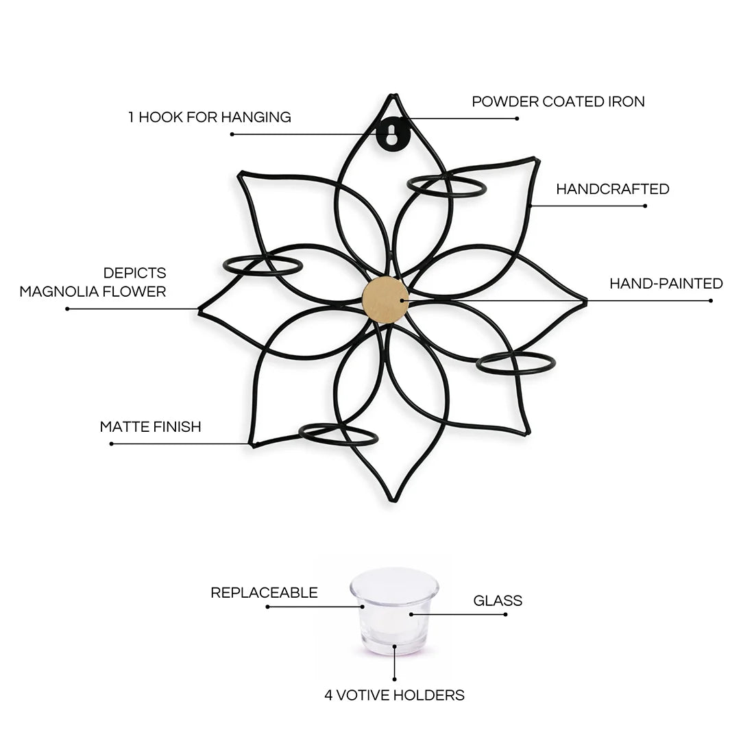 'Magnolia' Handcrafted Wall Sconce Tea Light Holder In Iron & Glass (4 Votive Holders)