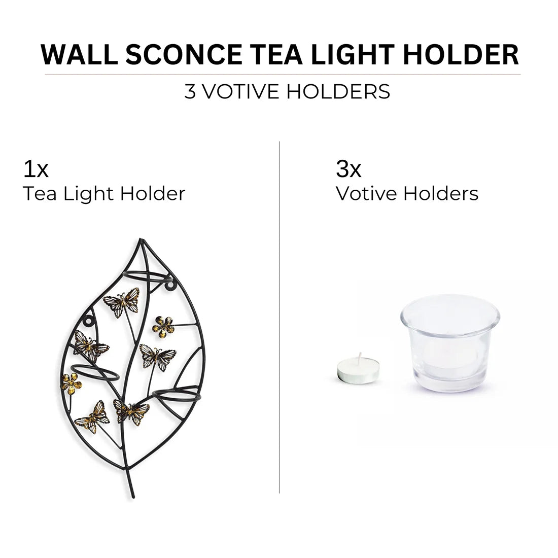 'Butterflies & Leaf' Handcrafted Wall Sconce Tea Light Holder In Iron & Glass (3 Votive Holders)