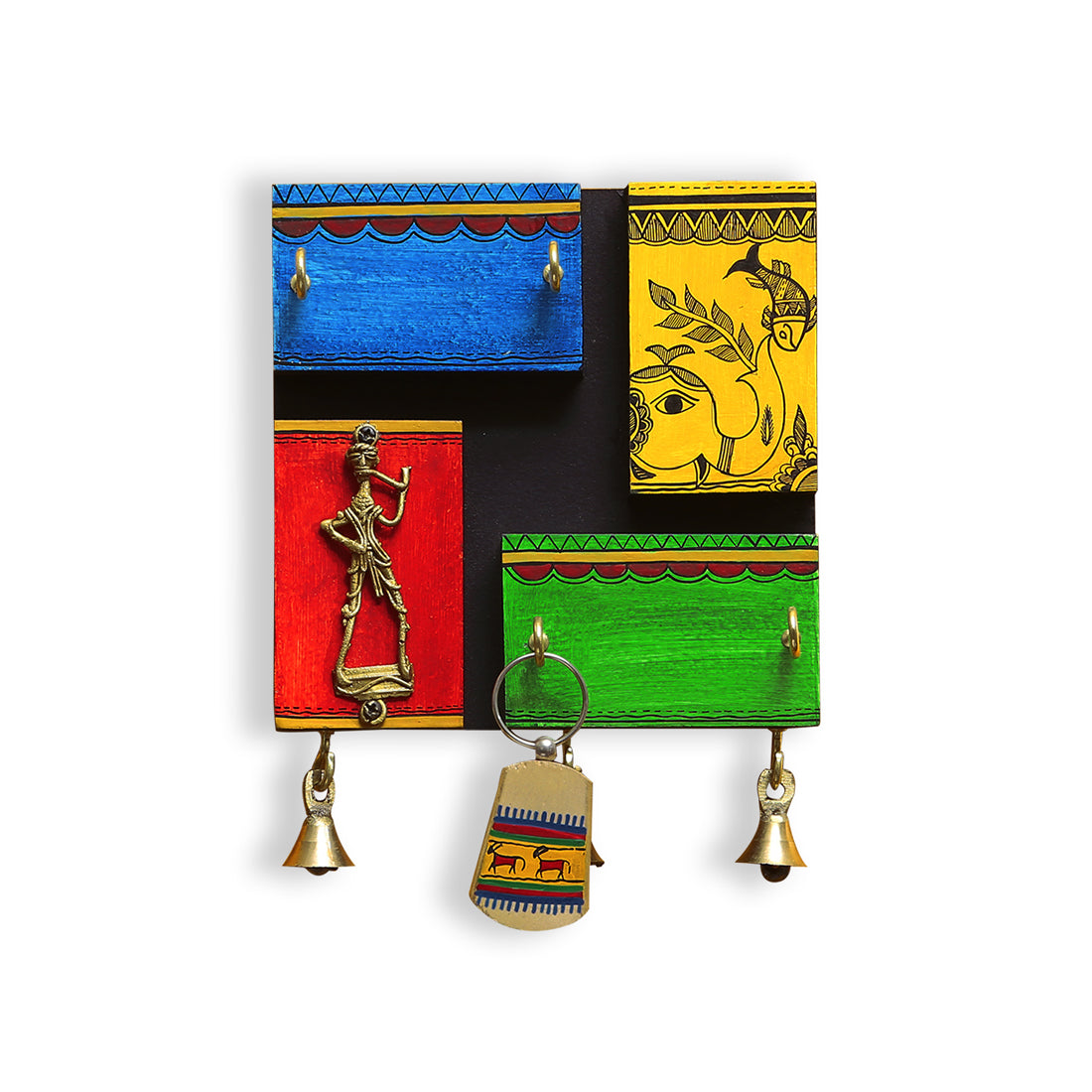 'In-Key-Geneous' Warli Hand-Painted Wooden Key Holder With Dhokra Art