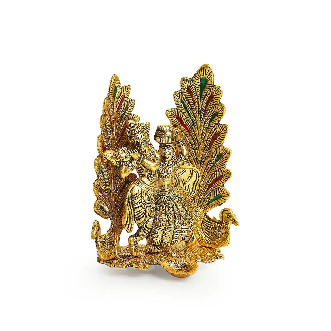 'Radha-Krishna & Peacock' Idol Showpiece Figurine with Diya (1 Wick, 17.5 cm, Golden, Metal, Handcrafted)