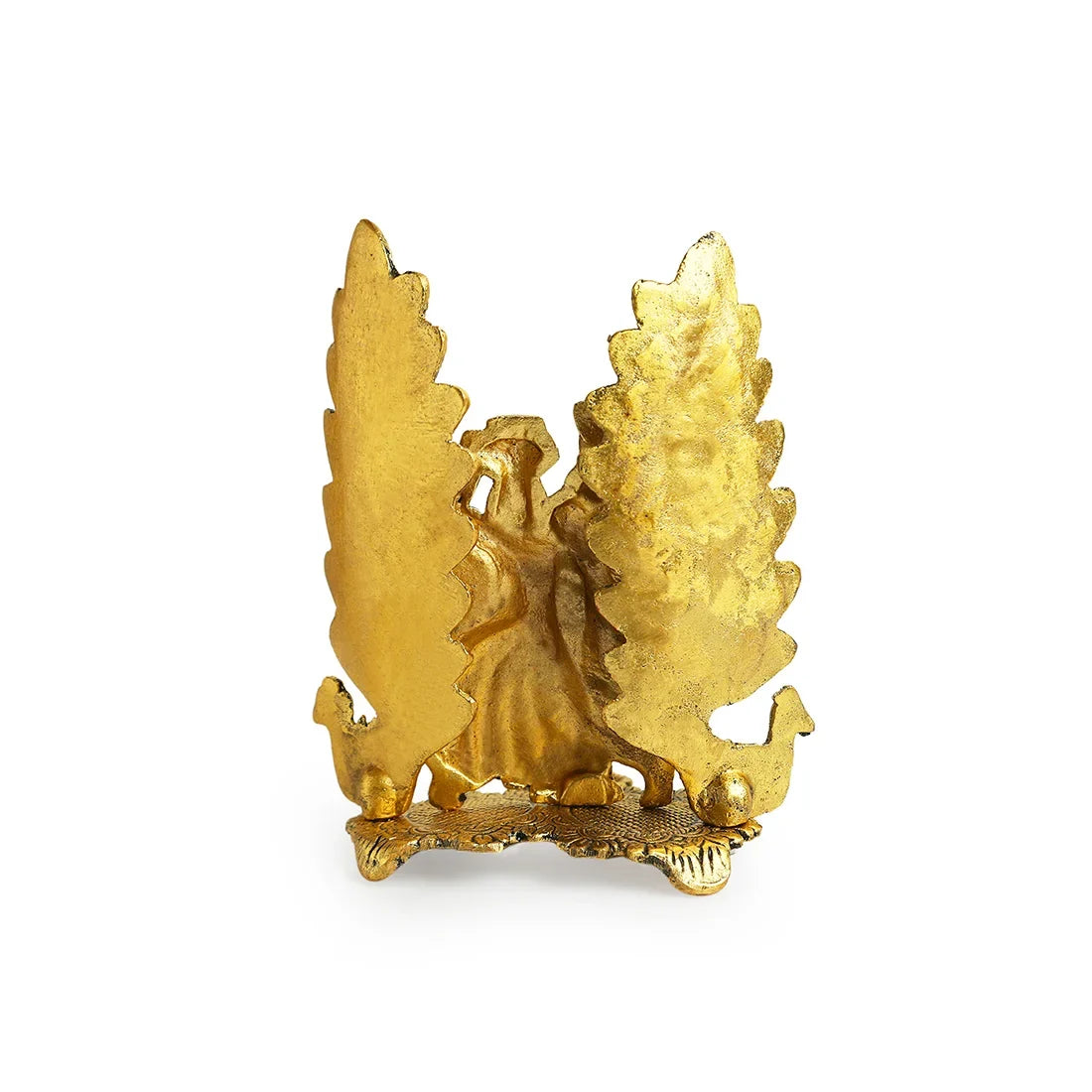 'Radha-Krishna & Peacock' Idol Showpiece Figurine with Diya (1 Wick, 17.5 cm, Golden, Metal, Handcrafted)