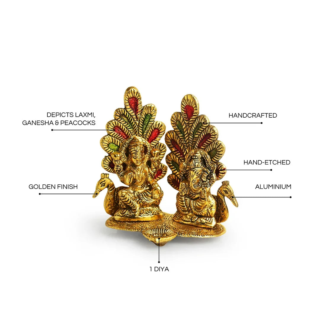 'Laxmi Ganesh & Peacock' Idol Showpiece Figurine with Diya (1 Wick, 14.5 cm, Golden, Metal, Handcrafted)