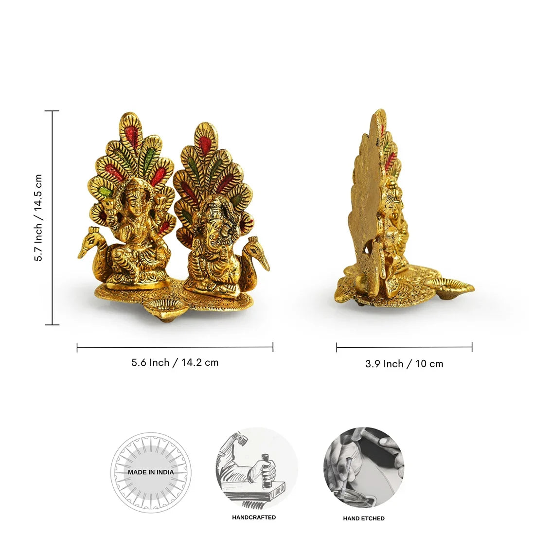 'Laxmi Ganesh & Peacock' Idol Showpiece Figurine with Diya (1 Wick, 14.5 cm, Golden, Metal, Handcrafted)
