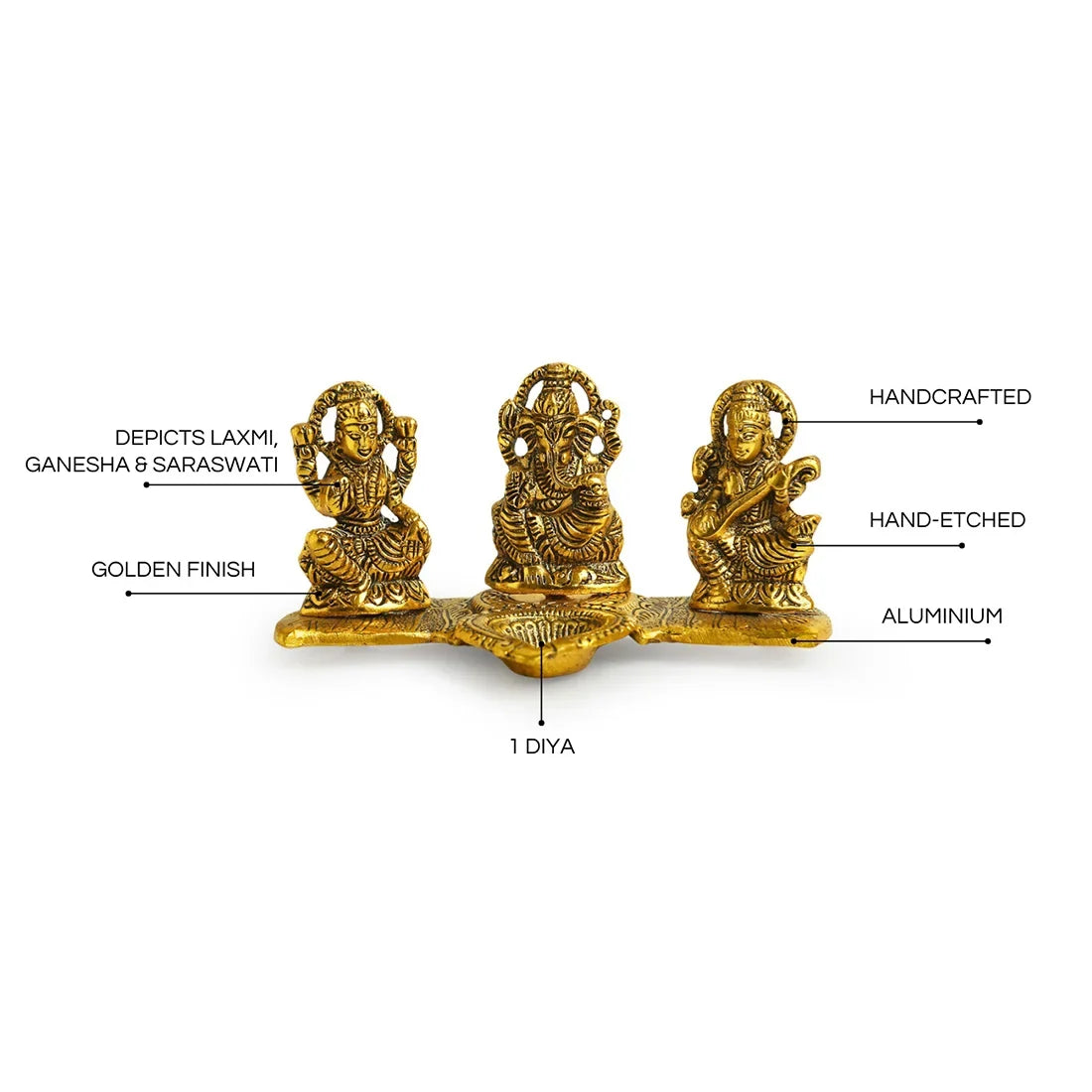 'Laxmi Ganesh & Saraswati' Idol Showpiece Figurine with Diya (1 Wick, 9.4 cm, Golden, Metal, Handcrafted)