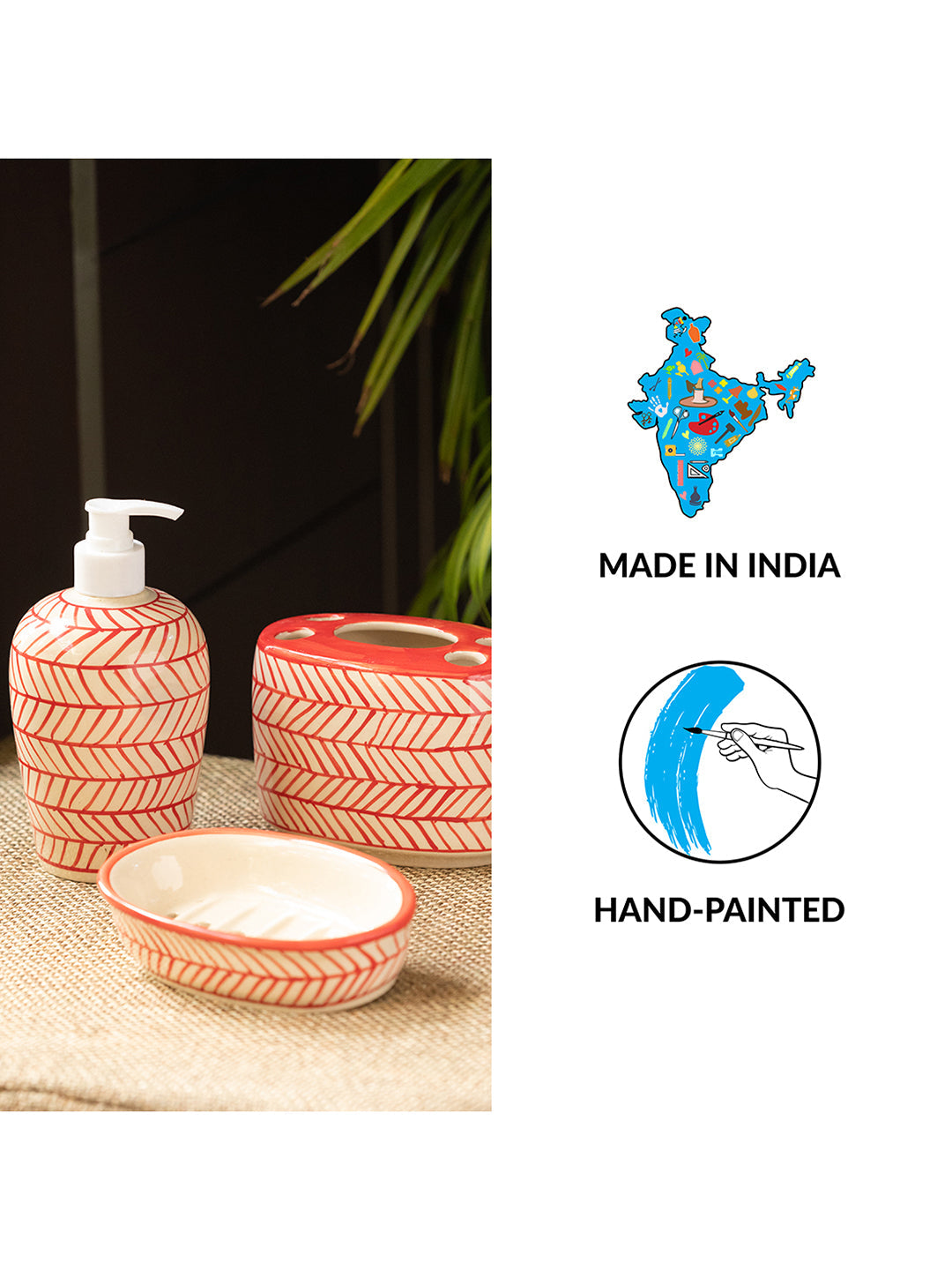 'Red Chevrons' Handpainted Ceramic Bathroom Accessory Set (Set Of 3)
