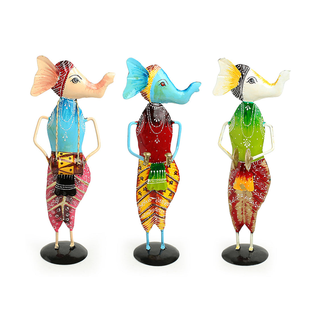 'Melodious Ganesha Trio' Handpainted Decorative Showpieces In Metal (Set of 3, 30.5 cm)