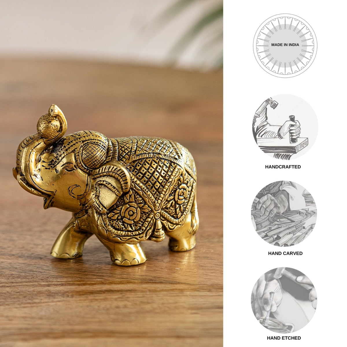 Brass 'Elephant' Handcarved Decorative Showpiece Figurine (Hand-Etched, 10.4 cm, 1 kg)