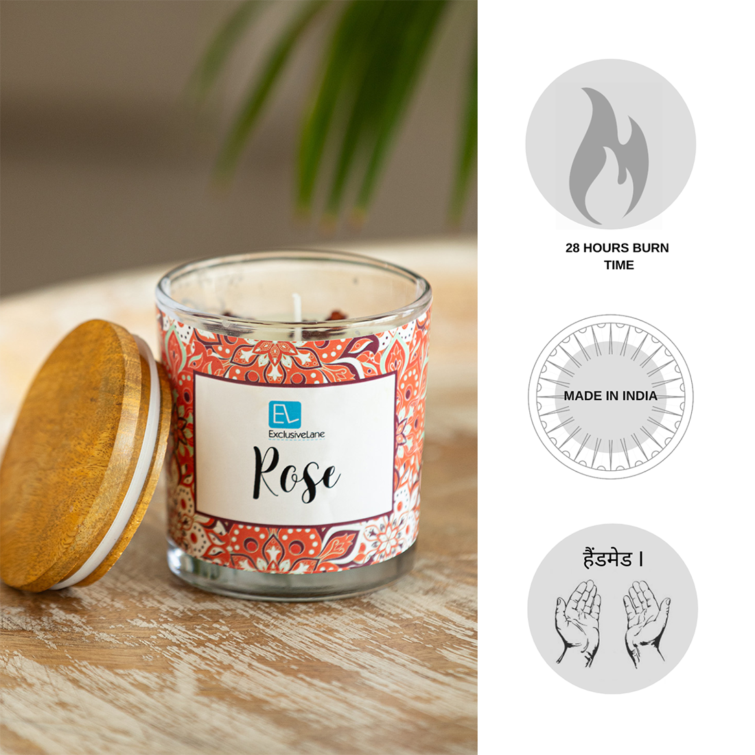 Rose' Handmade Wax Jar Scented Candle (28 Hours Burn Time, Soy Blend, Reusable Jar)