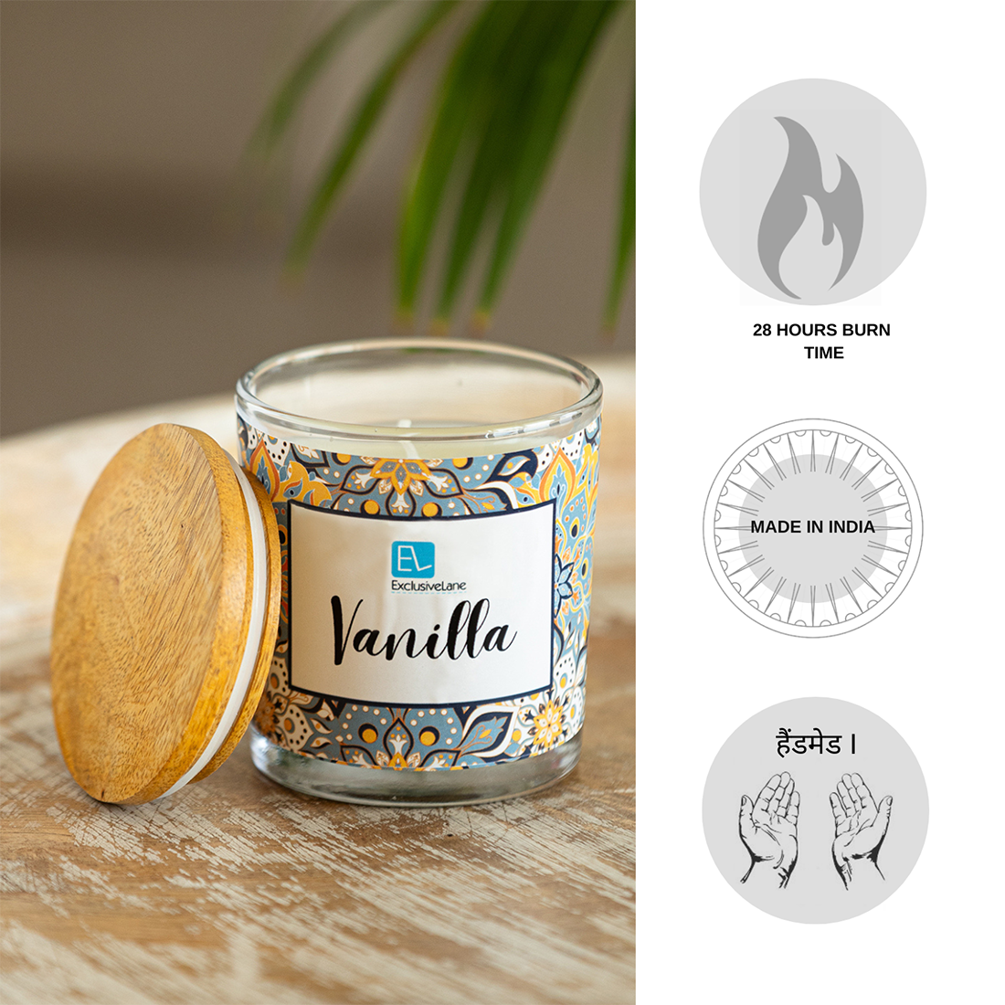 Vanilla' Handmade Wax Jar Scented Candle (28 Hours Burn Time, Soy Blend, Reusable Jar)