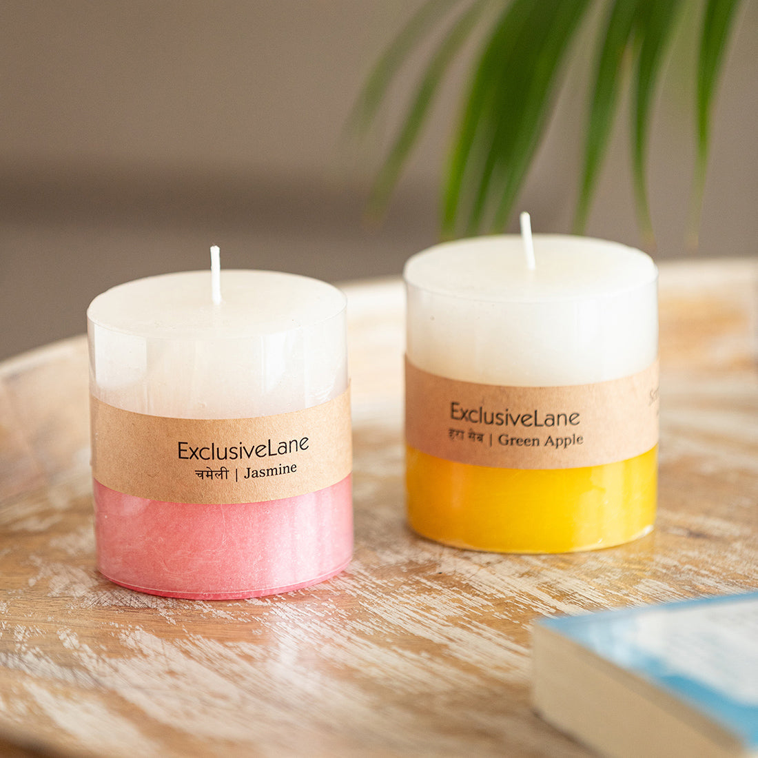 Green Apple & Jasmine' Handmade Wax Pillar Scented Candles (Set of 2, 30 Hours Burn Time, Soy Blend, 320 grams Each)