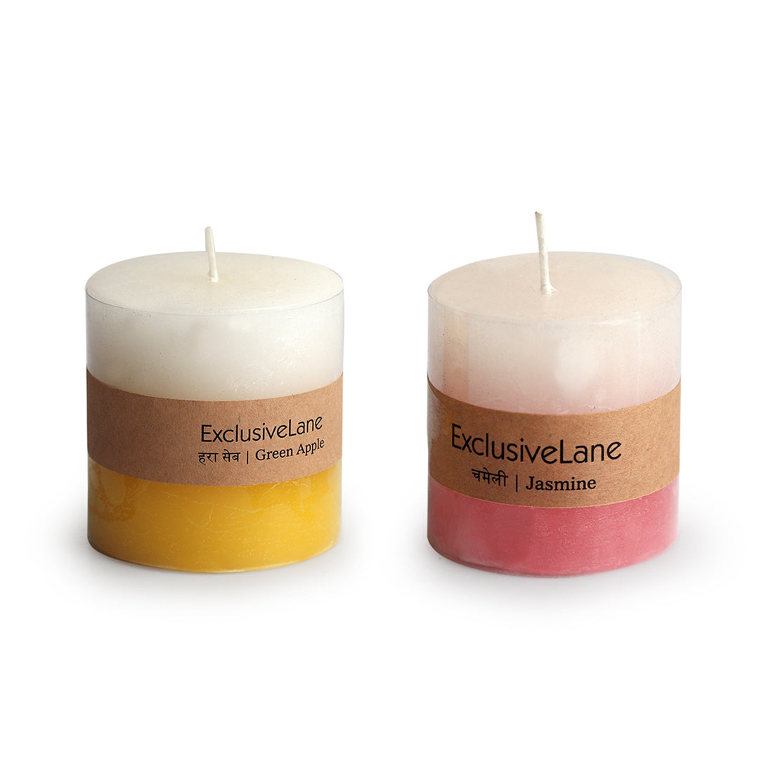 Green Apple & Jasmine' Handmade Wax Pillar Scented Candles (Set of 2, 30 Hours Burn Time, Soy Blend, 320 grams Each)