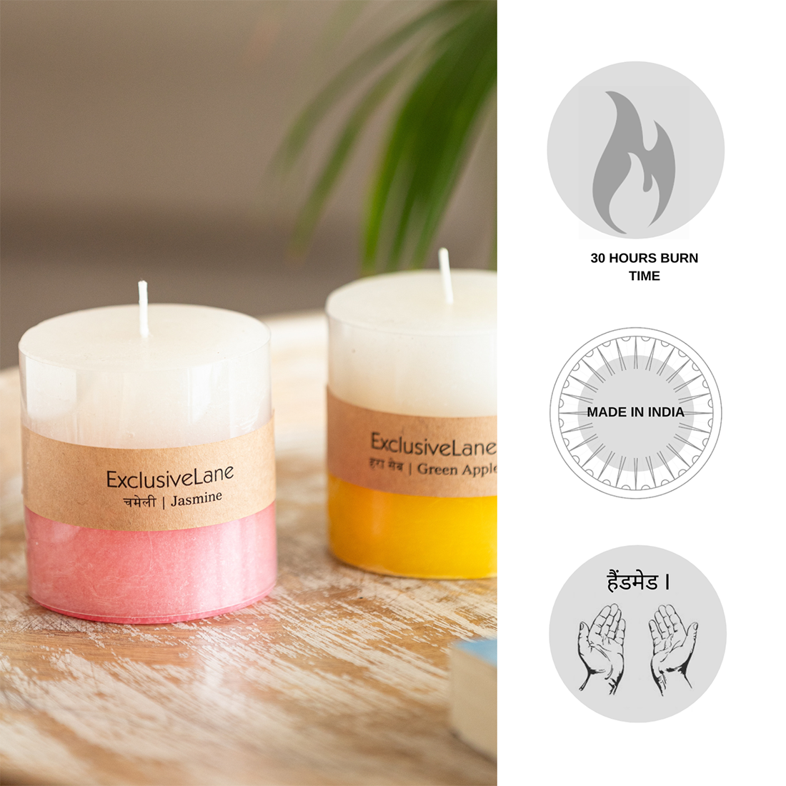 Green Apple & Jasmine' Handmade Wax Pillar Scented Candles (Set of 2, 30 Hours Burn Time, Soy Blend, 320 grams Each)