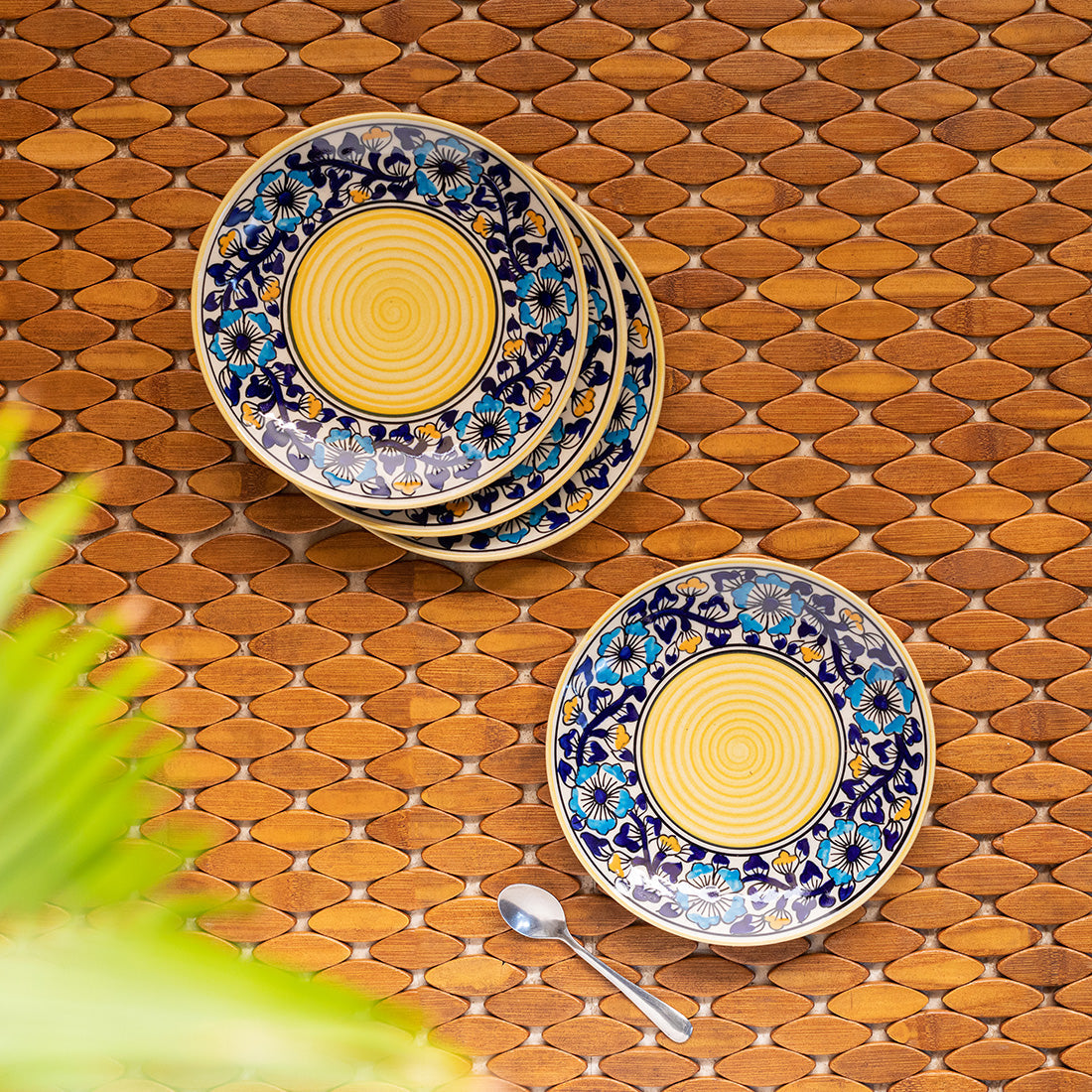 'Badamwari Bagheecha' Hand-Painted Ceramic Side/Quarter Plates (Set of 4, Microwave Safe)