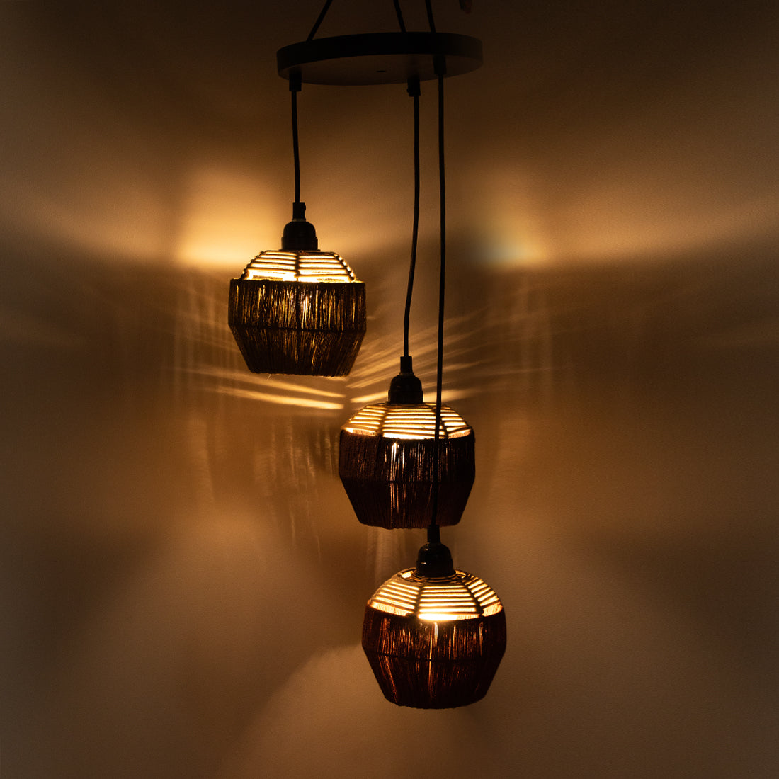 Jute Flares' Handwoven Adjustable Chandelier With Hanging Lamp Shades In Jute & Iron (3 Shades | 55.9 cm)